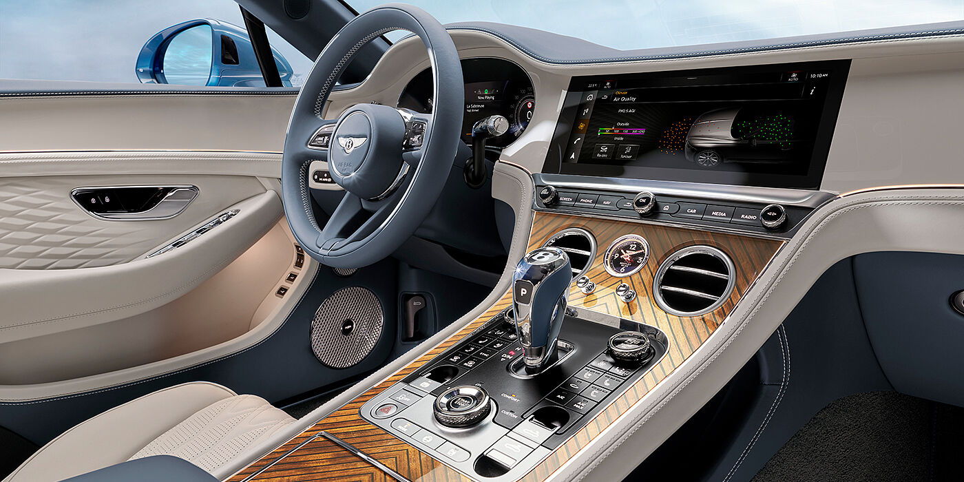 Bentley Porto New Bentley Continental GTC Azure convertible interior front cabin view with Linen and Brunel hides and Piano Linen by Mulliner veneer featuring centre console and centre MMI screen