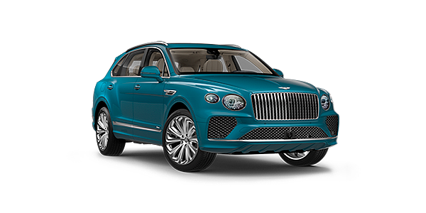 Bentley Porto Bentayga Azure luxury SUV front three quarter in Topaz Blue by Mulliner paint
