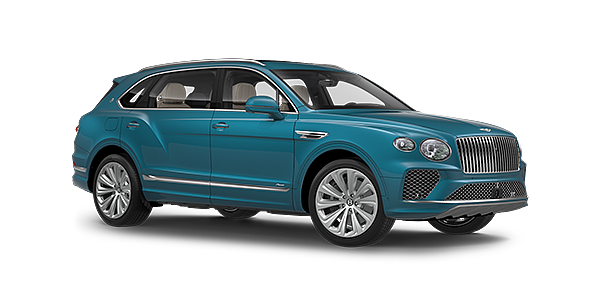 Bentley Porto Bentayga Extended Wheelbase Azure luxury SUV front three quarter in Topaz Blue by Mulliner paint